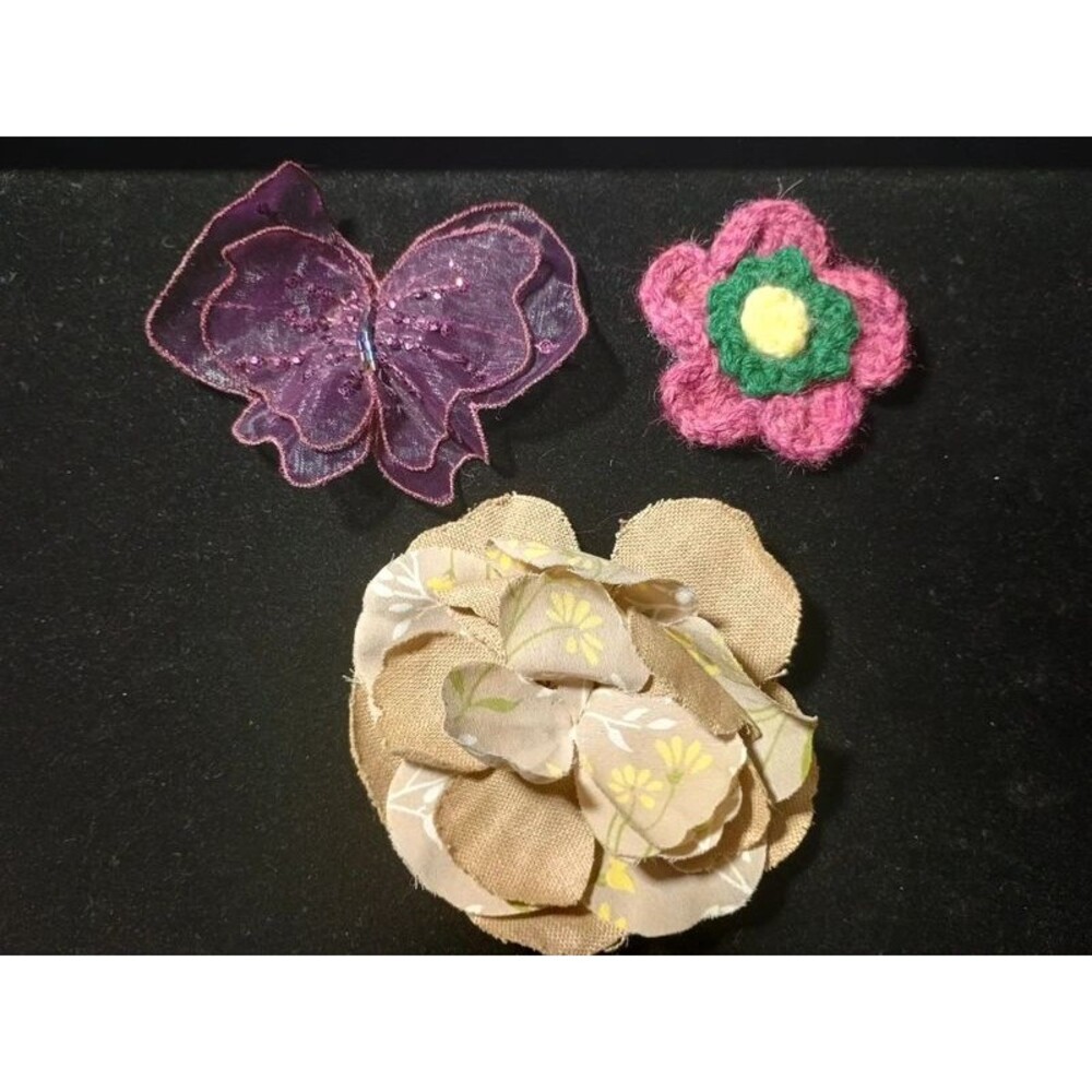 Fabric brooch lot of 3 flowers purple butterfly vintage